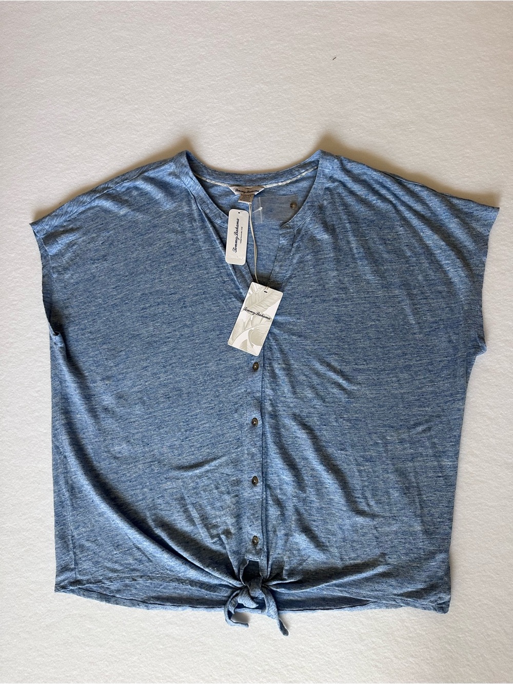 Tommy Bahama 100% Linen Heather Blue Button-Front Tie-Hem Women's Top XL NWT